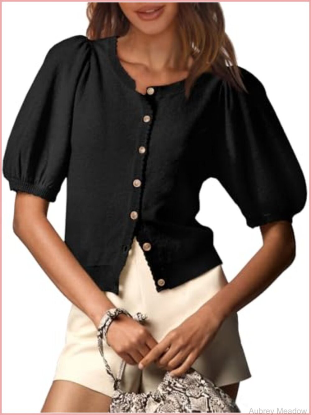 Women's Puff Sleeve Cardigan Lightweight Knit Short Sleeve Button Sweater